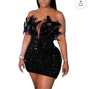 Elegant Black Sequin Dress with Feather Detail